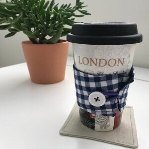 Handmade Fabric Coffee Cozy, Reusable Coffee Cup Sleeve, Blue Gingham